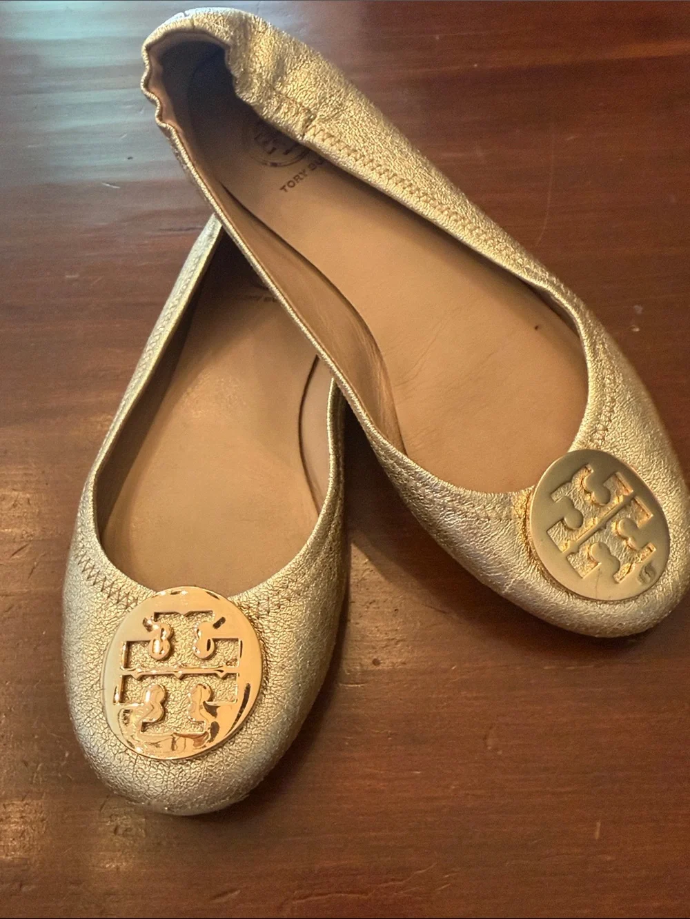 Tory Burch Metallic Gold Logo Ballet Flats